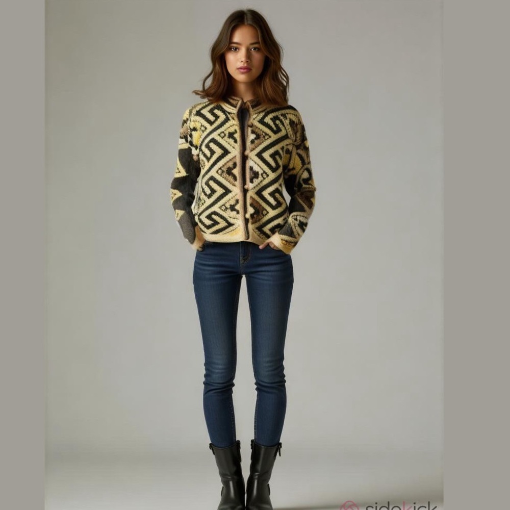 Geometric Patterned Cardigan - Black and Cream
